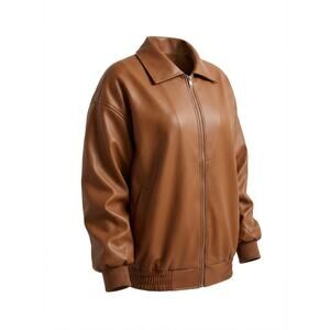 Womens Oversized Faux Leather Bomber Jacket ZipUp Light Brown Vintage Y2K Medium